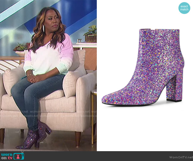 Allegra K Glitter Pointed Toe Chunky Heel Ankle Boots worn by Sheryl Underwood on The Talk