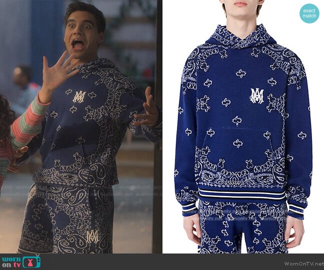 Amiri Bandana Cashmere-Blend Hoodie worn by Vivek Shah (Jordan Buhat) on Grown-ish