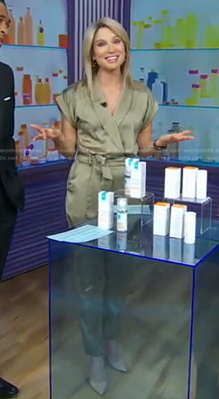 Amy’s green satin wrap jumpsuit on Good Morning America