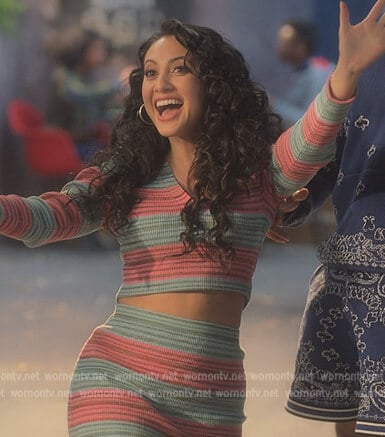 Ana’s stripe ribbed cardigan and skirt on Grown-ish