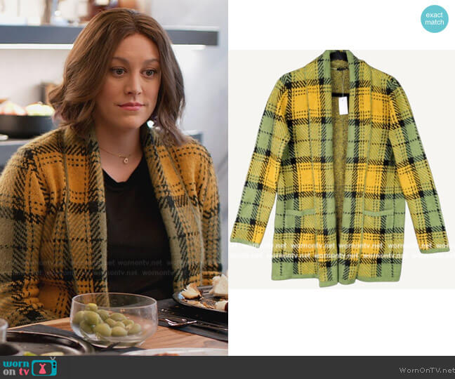 Ann Taylor Yellow Tartan Cardigan worn by Sarah (Caitlin McGee) on Home Economics