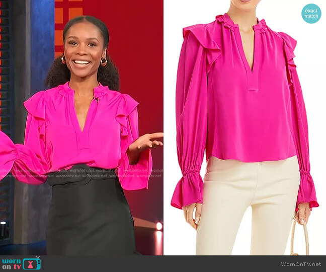 Aqua Ruffled Split Neck Top worn by Zuri Hall on Access Hollywood