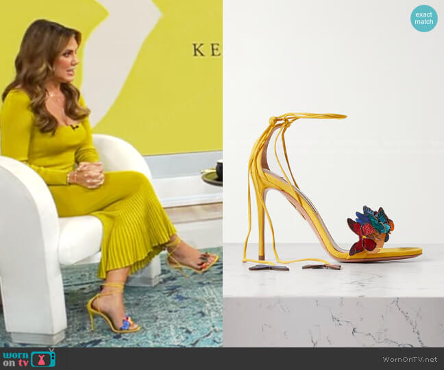 Aquazurra Papillo 105 appliquéd suede sandals worn by Kendra Scott on CBS Mornings
