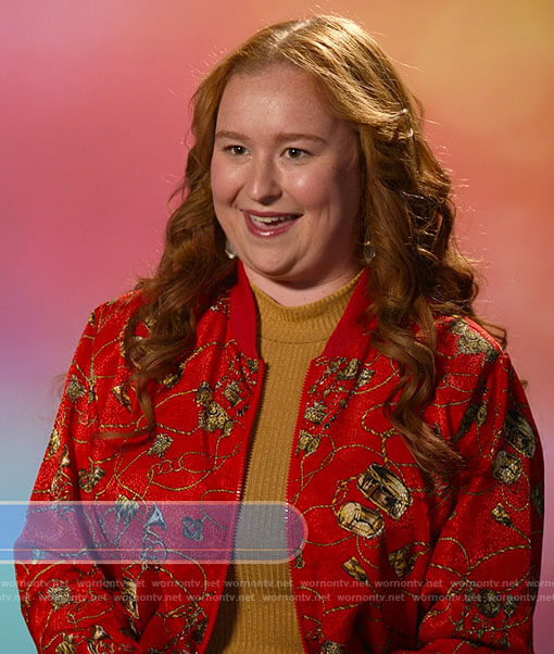 Ashlyn’s red printed bomber jacket on High School Musical The Musical The Series