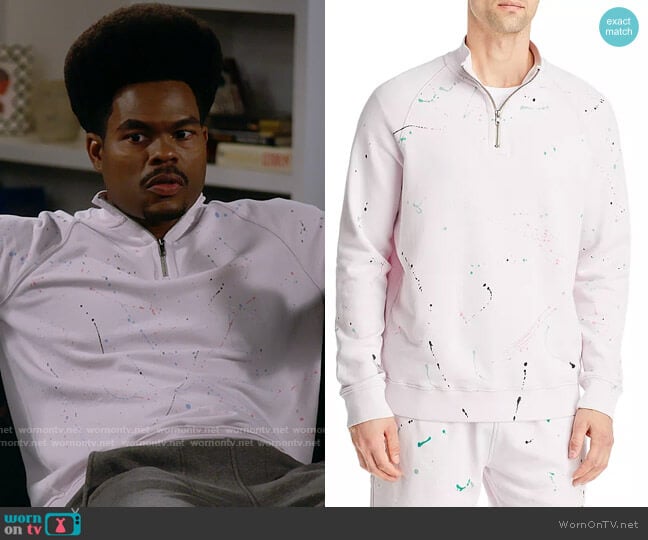 ATM Anthony Thomas Melillo Splatter Paint French Terry Half Zip Raglan Pullover worn by Carter (Julian Gant) on Call Me Kat