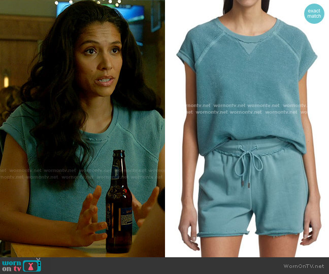 ATM Anthony Thomas Melillo Destroyed Wash French Terry Cap-Sleeve Raglan Sweatshirt worn by Stella Kidd (Miranda Rae Mayo) on Chicago Fire
