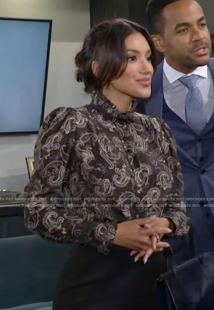 Audra’s black paisley blouse on The Young and the Restless