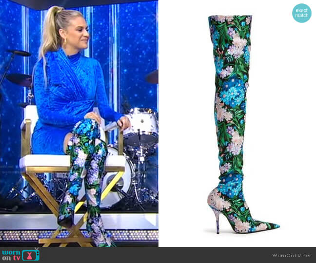 Balenciaga Knife Over-the-knee Booties In Blue Floral Print worn by Kelsea Ballerini on Good Morning America