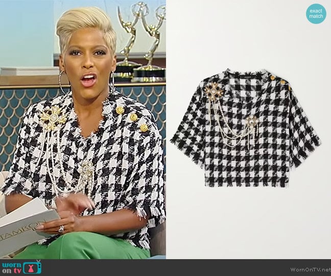 Balmain Embellished Houndstooth tweed top worn by Tamron Hall on Tamron Hall Show