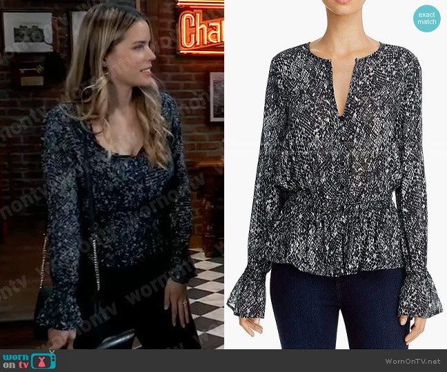 Bella Dahl Snake Print Bell Sleeve Peplum Top worn by Sasha Gilmore (Sofia Mattsson) on General Hospital