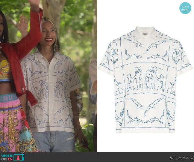 Bode Beaded Scene short-sleeve shirt worn by Zaara (Tara Raani) on Grown-ish