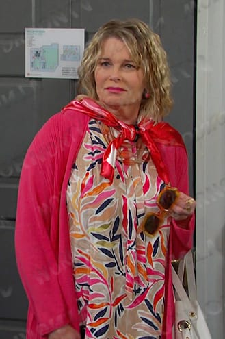 Bonnie’s print tie neck top and pink cardigan on Days of our Lives