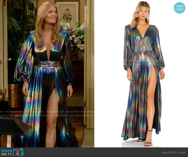 Bronx and Banco Zoe Petrol Gown worn by Phyllis Summers (Michelle Stafford) on The Young and the Restless