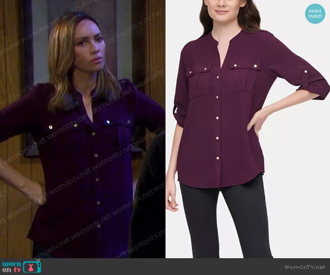 Calvin Klein Textured Roll Tab Button Down Shirt in Aubergine worn by Gwen Rizczech (Emily O'Brien) on Days of our Lives