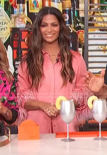 Camila Alves’s pink feather trim shirtdress on Access Daily