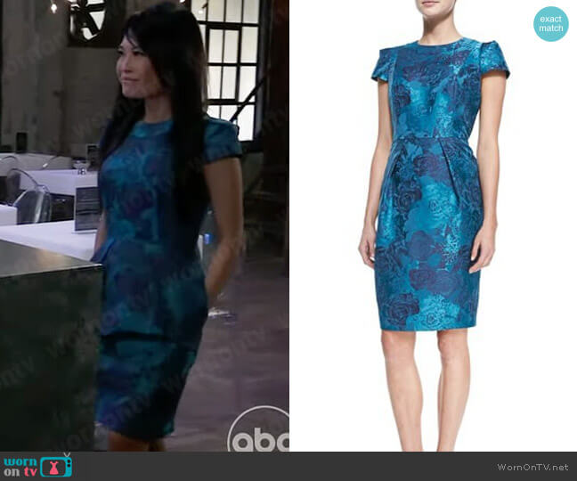 Carmen Marc Valvo Short-Sleeve Floral Jacquard Sheath Dress worn by Ms Wu (Lydia Look) on General Hospital