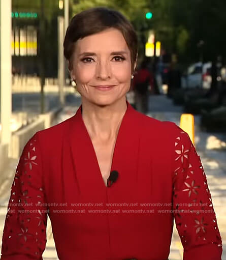 Catherine Herridge’s red eyelet sleeve dress on CBS Mornings