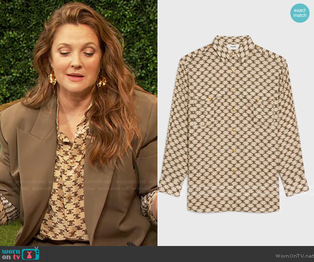 Celine Reporter Shirt in Crepe de Chine desert/caramel worn by Drew Barrymore on The Drew Barrymore Show