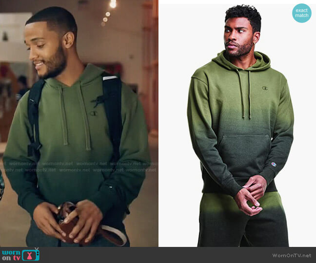 Champion Specialty Dye Fleece Hoodie in Cargo Olive / Black worn by Micah West (Nicholas L. Ashe) on Queen Sugar
