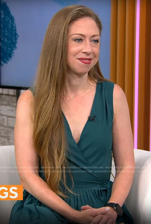 Chelsea Clinton’s teal green pleated wrap dress on CBS Mornings