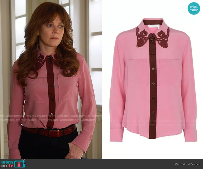 Chloe Silk Shirt With Embroidered Cut-out Detail worn by Nicolette Roman (Anna Friel) on Monarch