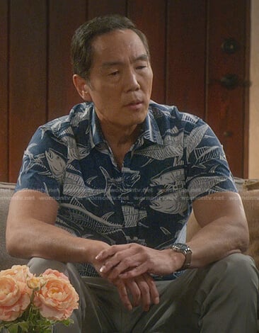 Chozen’s blue fish print shirt on Cobra Kai