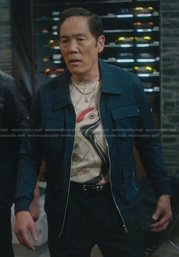 Chozen’s crane print tee and navy striped jacket on Cobra Kai