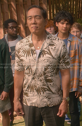 Chozen’s khaki palm leaf print shirt on Cobra Kai