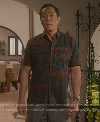 Chozen’s patchwork print shirt on Cobra Kai