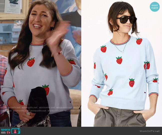 Clare V Classic Sweater in Pale Blue Fraise worn by Kat Silver (Mayim Bialik) on Call Me Kat