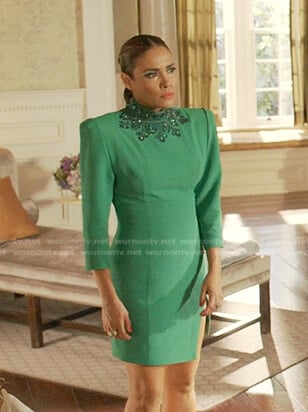 Cristal’s green embellished neck dress on Dynasty