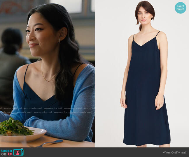 Cuyana Silk Slip Dress in Navy worn by Ingrid Yun (Arden Cho) on Partner Track