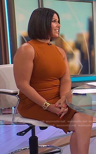 Dana Jacobson’s tan brown sleeveless dress on CBS Saturday Morning