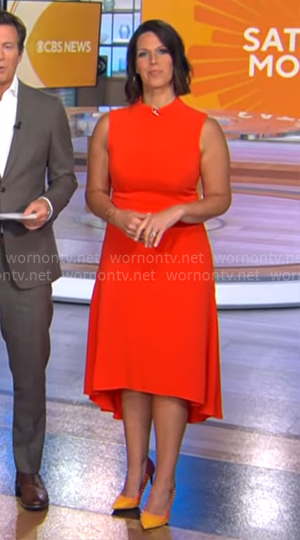 Dana Jacobson’s red sleeveless dress on CBS Saturday Morning