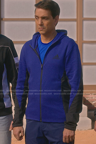 Daniel’s blue colorblock hooded jacket on Cobra Kai