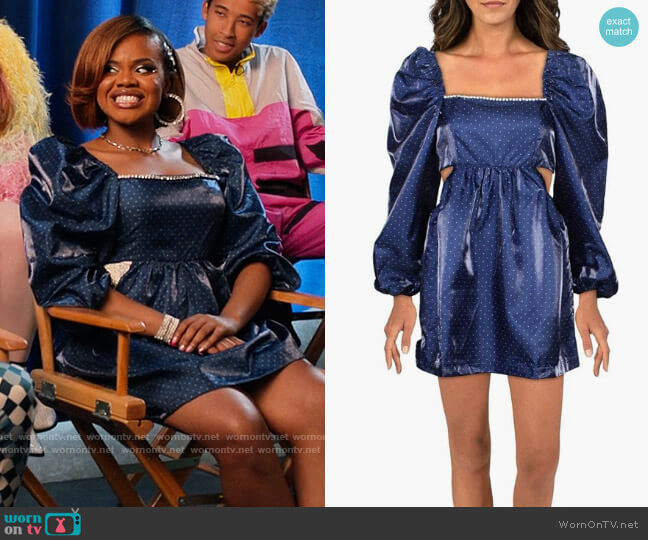 Danielle Bernstein Dot-print Puff-sleeve Rhinestone Dress worn by Kourtney (Dara Renee) on High School Musical The Musical The Series