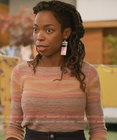 Denise’s multicolored pointelle sweater on Home Economics