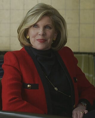 Diane’s red contrast jacket on The Good Fight