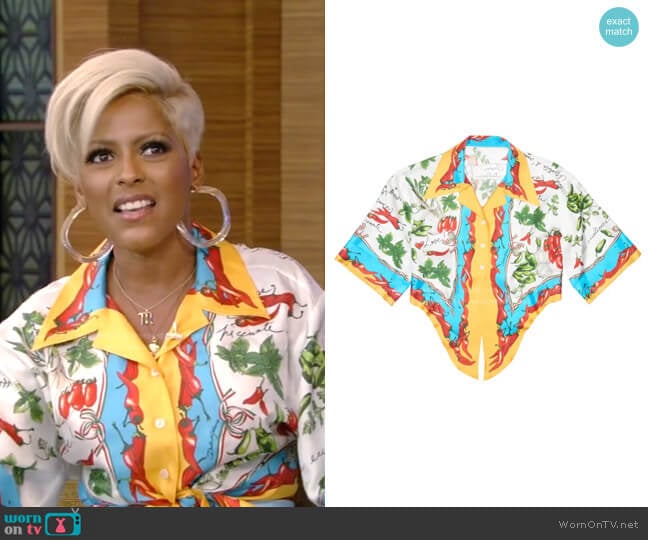 Dolce & Gabbana Vegetable Print Handkerchief Hem Silk Button-Up Shirt worn by Tamron Hall on Live with Kelly and Mark