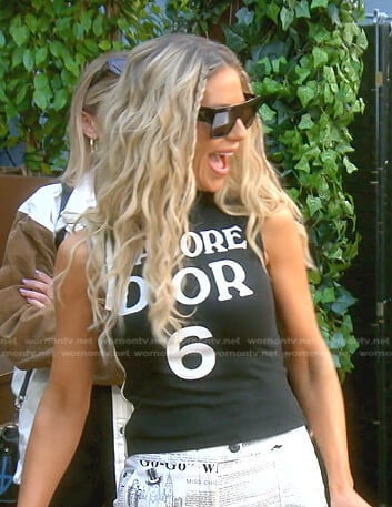Dorit’s black print sleeveless top and pants on The Real Housewives of Beverly Hills