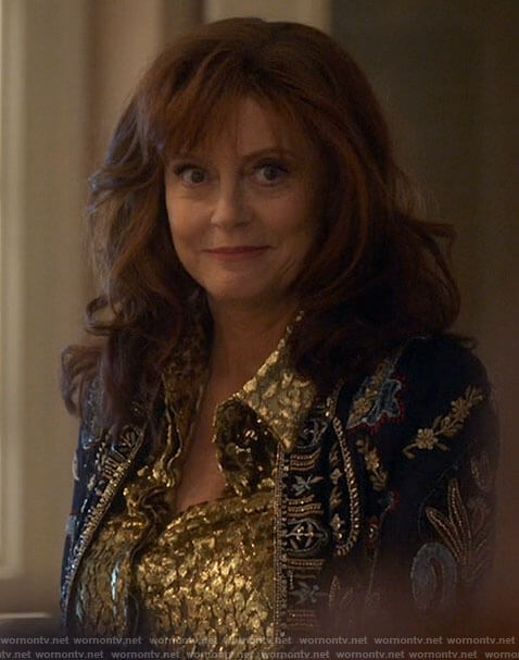 Dottie’s gold leopard blouse and embellished jacket on Monarch