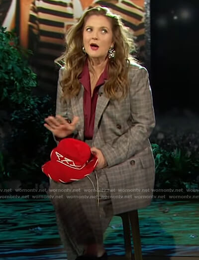 Drew’s plaid double breasted blazer and pants on The Drew Barrymore Show