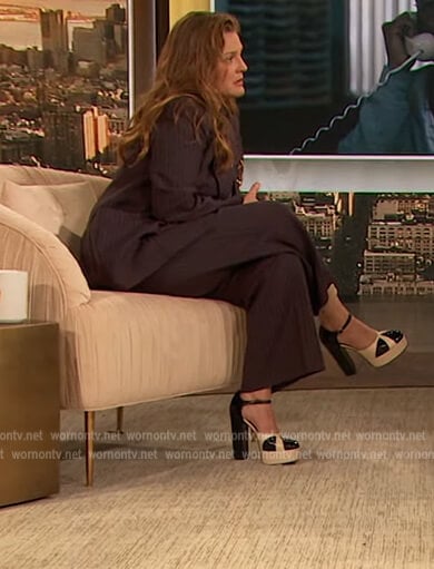 Drew’s navy pinstripe blazer and satin top on The Drew Barrymore Show