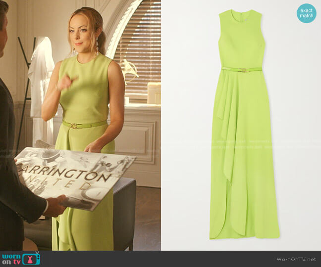 Elie Saab Belted Asymmetric Ruffled Cady Gown worn by Fallon Carrington (Elizabeth Gillies) on Dynasty