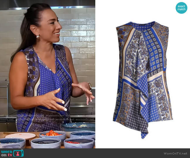 Elie Tahari Pernilla Front Ruffle Print Blouse worn by Michelle Miller on CBS Mornings