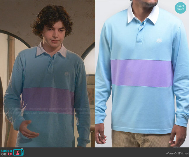 Empyre Blocked Blue & Lavender Rugby Shirt worn by (Griffin Santopietro) on Cobra Kai