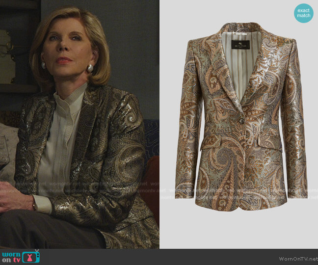 Etro Tailored Paisley Jacquard Blazer worn by Diane Lockhart (Christine Baranski) on The Good Fight