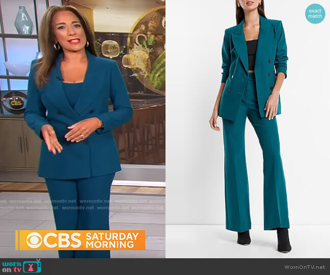 Express Peak Lapel Double Breasted Blazer in Venetian Teal worn by Michelle Miller on CBS Mornings