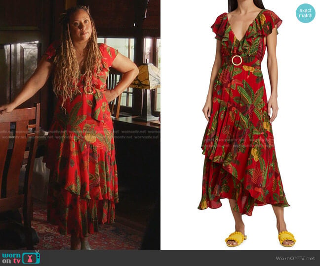 Farm Rio Red Forest Birds Belted Midi-Dress worn by Karen Wilson (Tracie Thoms) on 9-1-1