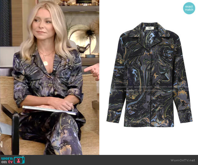Fendi All-Over Marble Printed Satin Shirt worn by Kelly Ripa on Live with Kelly and Mark